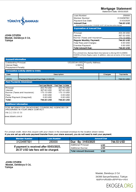 Relevé hypothécaire de la banque Bankasi en Turquie aux formats Word et PDF